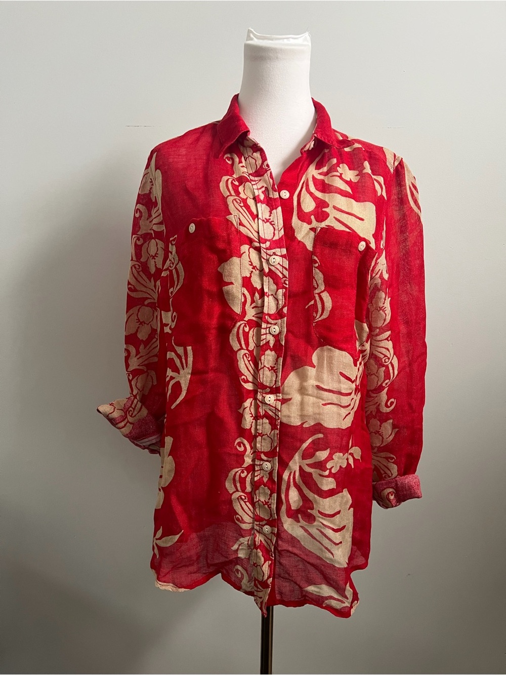 Ralph Lauren Linen Blend Red Floral Button Up Shirt Tropical M - Picture 3 of 6